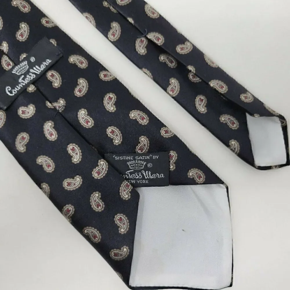 COUNTESS MARA SISTINE SATIN SILK TIE BLACK PAISLEY PATTERN 3.5